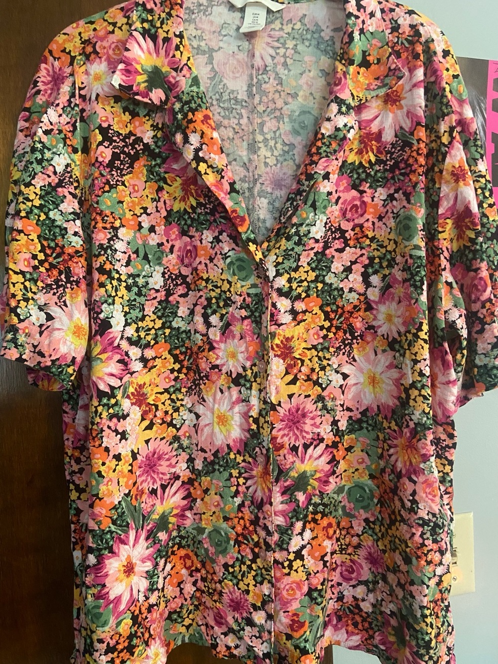 H&M Floral Oversized Button-Front Short Sleeve Top - Pink and Black Multicolor